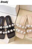 Summer 2023 Flat Shoes Women Open Toe Large Size Ladies Beach Slippers with Pearl Female Slides Women's Flip Flops