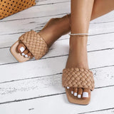 Size Fashion Weaving Flat Slippers Women 2023 Summer Non Slip Beach Flip Flops Woman Designer Soft Sole Square Toe