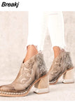 Leather Women Ankle Boots Low Heel Cool Shoes British Embroidered Design Short Party Footwear Chaussure