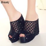 Summer New Wedge with Thick-bottomed Women's Platform Mesh Fish Mouth Hollow Sandals Fashion Slippers High-heeled Ladies