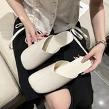 Women Mules 2022 Summer New Elegant Square Closed Toe Flat Slippers Female Shoes Casual Leather White Slides Plus Size