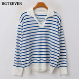 Casual Turn-down Collar Striped Women Sweaters 2021 Autumn Sweater Long Sleeve Loose Female Knitted Pullovers