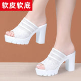 Thick-Heeled Fishmouth Fashionable Women Wearing Sandals And Slippers 2023 Summer Thick-Soled Waterproof Gauze Soft Leather