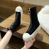 Boots Women New 2020 Zipper Round Toe Flat Heel Booties Ladies Rock Mid Calf Autumn Med Rubber Lolita