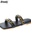 Women Summer Slides Chain Decorative Flip Flops Outdoor Sexy Casual Sandals Female Square Heel Slippers Plus Size
