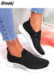 Summer Women Breathable Mesh Crystal Sneakers Light Weight Knitted Casual Ladies Flats Hook Loop Fashion Vulcanized