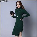 autumn winter meduim long women sweater dress split side turtleneck robe female elasticity slim bodycon knit long