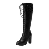 2022 Autumn Winter Women Knee-High Motorcycle Boots Thick Heel Platform Bow-knot Female Wedding Boots Plus Size 48