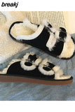 Winter Women Buckle Fluffy Slipper Casual Fashion Platform Soft Artificial Fur Slides