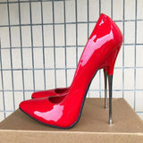 Women Red Inside Pumps 16cm Extreme Metal High Heels Black Sexy Pointy Toe Stilettos Man Fetish Model Club