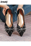 laides lace bow flats pointed toe crystal glitter decoration ballerinas shoes woman Wedding loafers big size 43