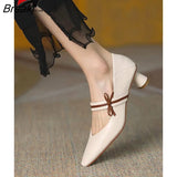 Mary Jane Shoes Women Pointed Toe Single Shoes Mid Heel Bow-Knot Spring Autumn Solid Color