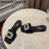 Jewel Slides Women Shoes Open Toe Flat Heels Slip On Mules Crystal Slippers Brand Rhinestone Square Buckle Sandals