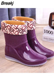 2023Women Rain Boots Ankle Boots Waterproof Shoes Winter Female Slip-On Cotton Shoes Size 36-41 Non-Slip Flat Round
