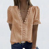 V-Neck Lace Shirt Blouse Spring Summer Short Sleeve Ladies Shirt Casual Women Solid Pullover Tops Blusa Streetwear