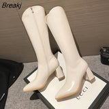Autumn Winter Boots Women Pointed Toe Long Boots Back Zippers Square High Heel Ladies Western Cowboy Knee High