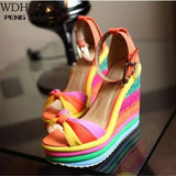 Summer Sandals Women Women's Ladies Wedges High Multicolor Patchwork Sandals Peep Toe Roman Shoes Sandals High