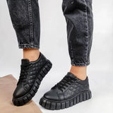 Women Autumn Pu Leather Sneakers Sewing Lace-Up Platform Flats Vulcanized Shoes Thick Sole Brief Casual White Black Canvas