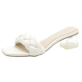 Slippers Transparent High Heels New Summer Shoes Square Heel Weave Square Toe Slippers Ladies Sexy Ladies Leather