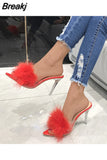 leather with feather peep toe transparent high heel slippers summer sexy slip on clear heel slides women mules