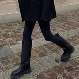 Women INS Genuine Leather Boots Knee High Boot Platform Design Riding Booties Thick Heel Ladies Autumn Winter