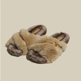 Winter Women Cross Fluffy Slipper Casual Fashion Metal Buckle Artificial Plush Inside Soft Slides