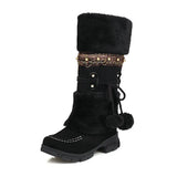 Style Women Boots Suede Leather Cotton Shoes for Women Plush Warm Snow Boots Retro Square Toe Thick Heel Mid-Calf