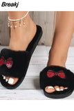 New Style Women's Home Fur Slippers Woman Red Lips Rhinestone Fur Home Slippers Flat Indoor Floor Shoes Women