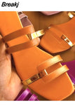 Women Square Toe Gold Pu Flats Outdoor Slippers Casual Ladies Summer Shoes Mature Open Toe Design Slides Slingback