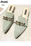 Muller Slippers Pointed ToeMetal Chain Fashion Office Ladies Shoes High Heels Low Heel Slippers Women's Shoes Summer
