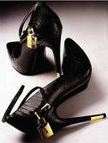Lock High Heel Pointed Toe Pump Ankle Strap Metal Heels Padlock Pumps Low Cut-out Patchwrok Banquet Dress Shoes Plus