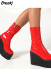 Style Red Black Platform Wedges Women Motorcycle Boots 2023 Winter Cool Street Women Shoes Ankle Boots Big Size