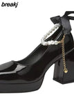 Women Pumps Elegant Bow Square Toe Black High Heels Fashion Thick Heel Wedding Party Pearl Lace Wedding Shoe Zapatos