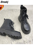 with Laces Women's Ankle Boots Combat Biker Short Shoes for Woman Lace-up Booties Platform Punk Style Chunky Boot Pu