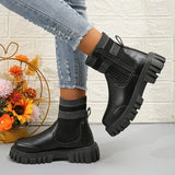 Patchwork Pu Leather Ankle Boots Women 2023 Fashion Chunky Platform Chelsea Boots Woman Elastic Knitted Short