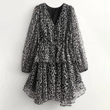 Women Vintage Leopard Printed Mini Dresses Sexy V Neck Lantern Long Sleeve Dresses Female Elegant Casual A Line