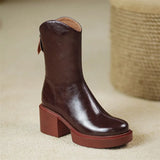 Women Genuine Leather Western Boots Round Toe Zipper Shoes Platform Thick High Heel Short Boots Autumn Winter Wine