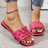 Weave Soft Slippers for Women Summer 2023 Orange PU Leather Beach Flip Flops Female Square Toe Flat Sandals Plus Size