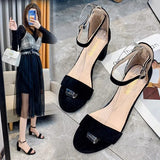 High Heel Sandals Women's Shoes Women's Summer Women's Leather Velvet Open Toe Thick Heel Buckle Bag Heel Size