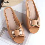 Women's Summer Semi Slippers Women Square Buckle Leisure Thick Heels Flat Bottomed Cool
