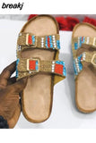 Designer New Retro Ethnic Style Gold Buckle Spot Drill Decorative Hollow Open Toe Women Slippers Flat woman 2023