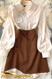 Women 2 Piece Set Elegant Turn down Collar Long Sleeve Buttons Short Shirt Dress and High Waist A-line Mini Skirt