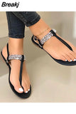 Summer Fashion Rhinestone Sandals Women's Shoes One Word Large Size Flat Beach Sandals Women Sandalias