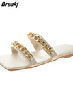 Women Summer Slides Chain Decorative Flip Flops Outdoor Sexy Casual Sandals Female Square Heel Slippers Plus Size