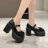 Breakj New Mary Jane Women's Shoes Thick Heel Platform Uniform Single Shoes High Heels Women's Bow Retro Small Leather