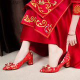 Wedding Shoes Thick Heel Red Rhinestone Buckle Bridal Shoes Party Dress Single Shoes Bridesmaid High Heels Women