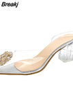 One Word Belt Sandals Crystal Sandals Women's Summer Rhinestone Transparent High Heels Outer Wear Baotou Half