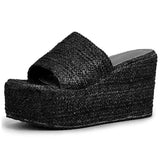 Open Toe Platform Slip On Women's Sandals Straw High Wedges Heeled Summer Shoes Elegant Beach Casual Beige Shoes