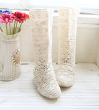 Summer 2023 New Mesh Shoes Lace Low Heels Crochet Boots Beige Fashion Hollow Out Mid Calf Women's Boot Large Size 34