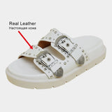 Size 34-40 Women Sandals 2023 Summer Shoes For Women Real Leather Low Heels Shoes Round Toe Casual Rivet Slippers